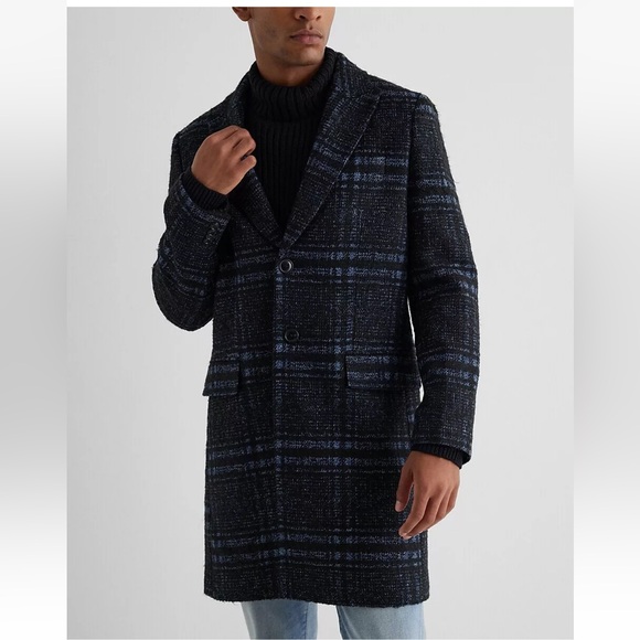 EXPRESS BLUE PRINT PLAID WOOL BLEND TOPCOAT COAT Small - Picture 1 of 15